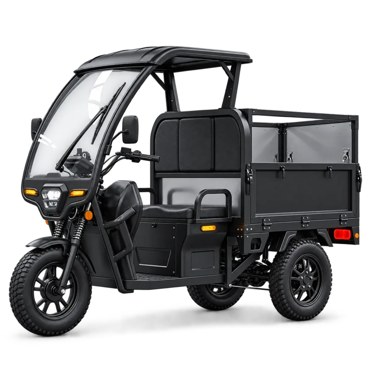 Rishi Motors black covered electric cargo trike with windshield