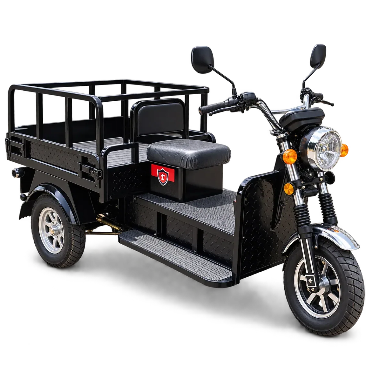 Rishi Motors black electric open-load cargo tricycle