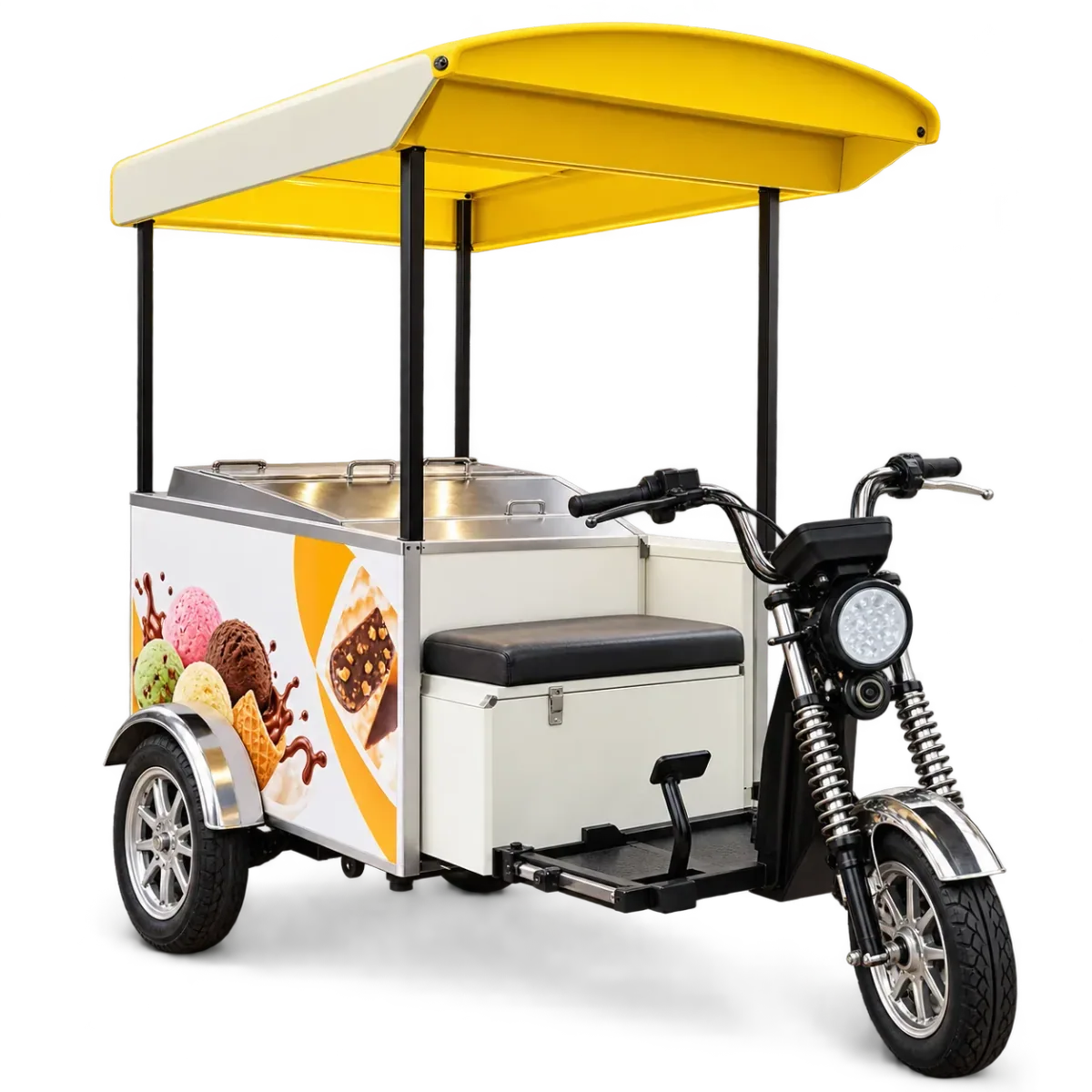 Rishi Motors custom electric ice cream vending trike with yellow canopy